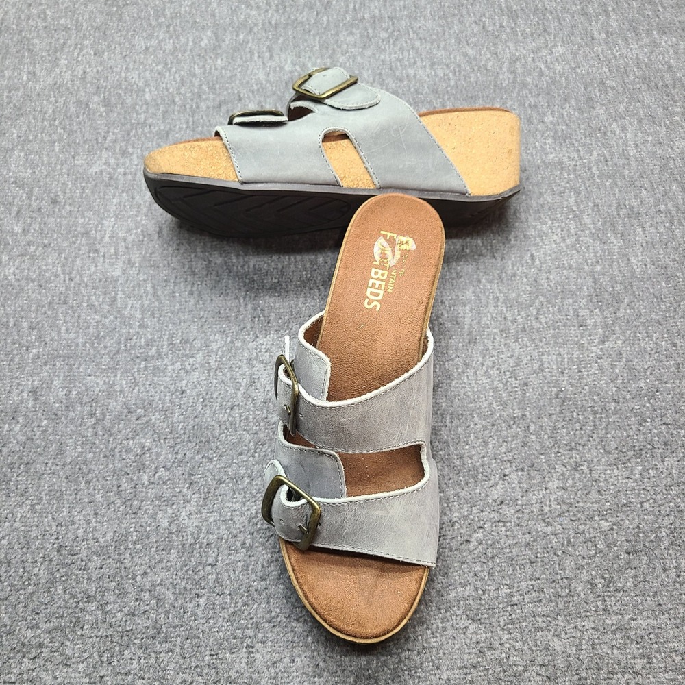 White Mountain Footbeds Wedge Sandals Womens 9M Grey Excellent Leather Buckle